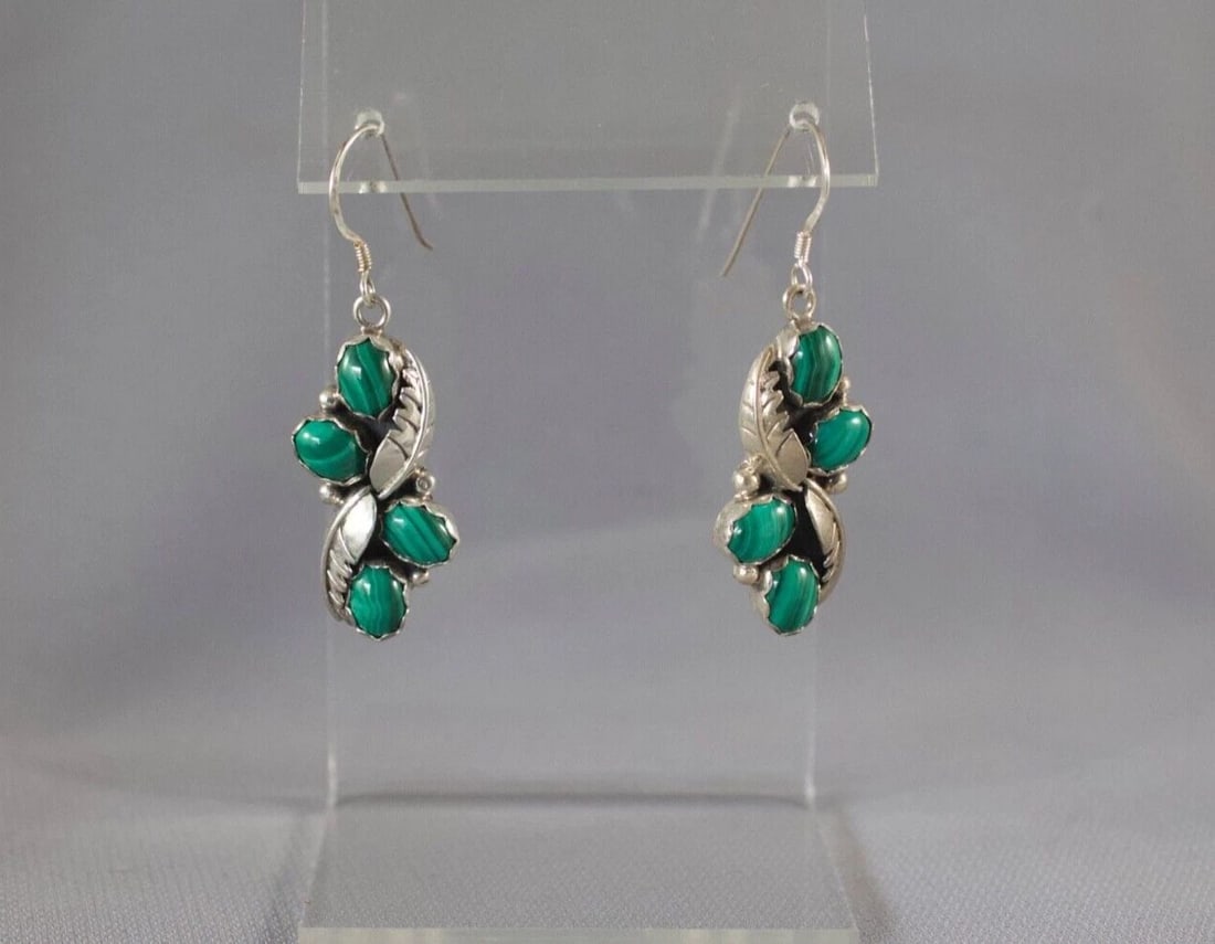 NAVAJO STERLING AND GREEN MALACHITE EARRINGS: NAVAJO STERLING AND GREEN MALACHITE EARRINGS Item Description: 1 3/4” length P