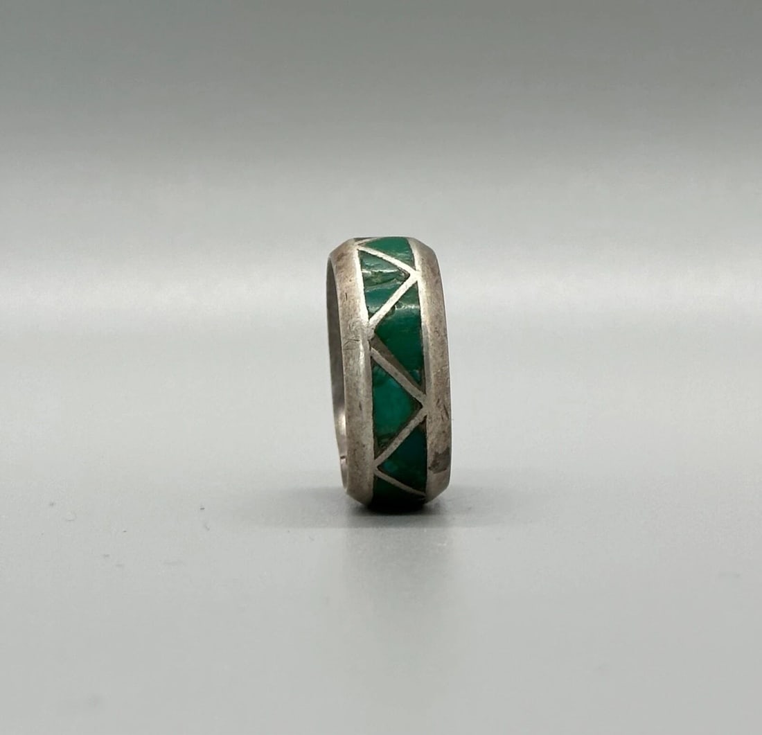 OLD PAWN NAVAJO STERLING SILVER TURQUOISE INLAYED RING SIZE 7 1/4 (1 of 2)