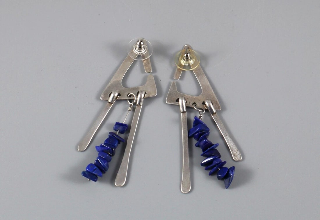 NAVAJO STERLING AND BLUE LAPIS EARRINGS SIGNED JNY 2 7/8" DANGLE (1 of 2)