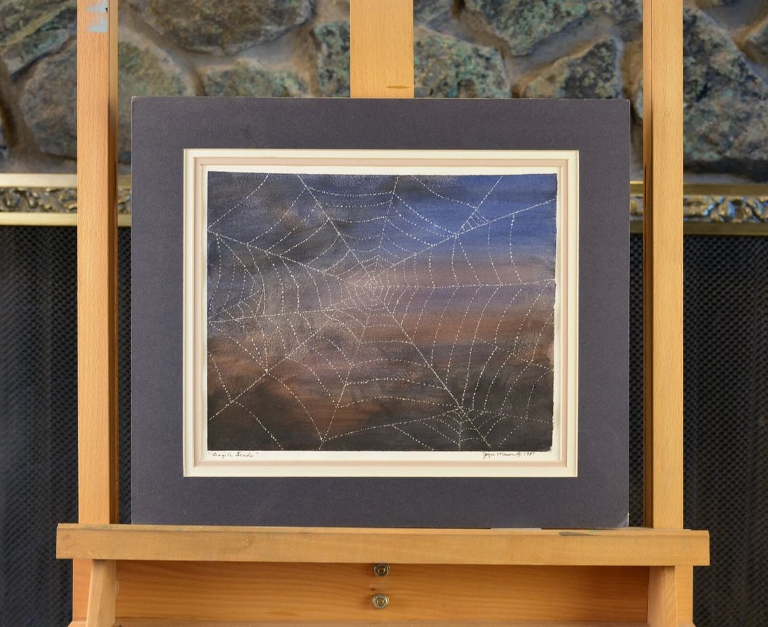 MIXED MEDIA PAINTING - "FRAGILE BEADS" SPIDERWEB - JOYCE MASON - 1987: MIXED MEDIA PAINTING - "FRAGILE BEADS" SPIDERWEB - JOYCE MASON - 1987 Item Description: Raised dots of white paint create an almost 3 dimensional effect of a spiderweb. Matted mixed media painting - S