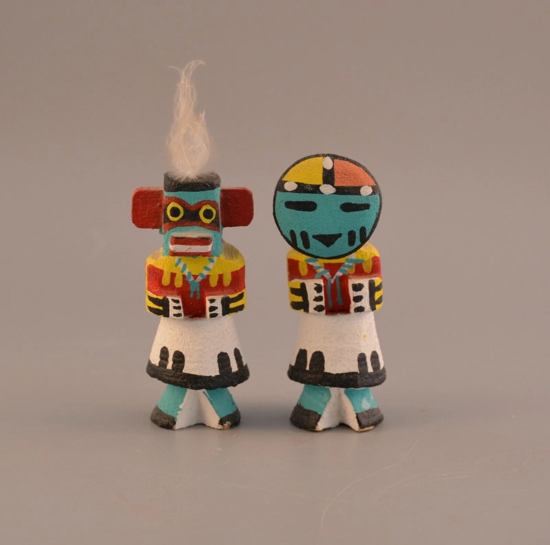 TWO VINTAGE ROUTE 66 HOPI KACHINAS - SUN - WARRIOR - BOTH SIGNED POOLEY - 3.5": TWO VINTAGE ROUTE 66 HOPI KACHINAS - SUN - WARRIOR - BOTH SIGNED POOLEY - 3.5" Item Description: This listing is for two vintage Route 66 Hopi kachinas. One is identified as the Sun Kachina on the bot