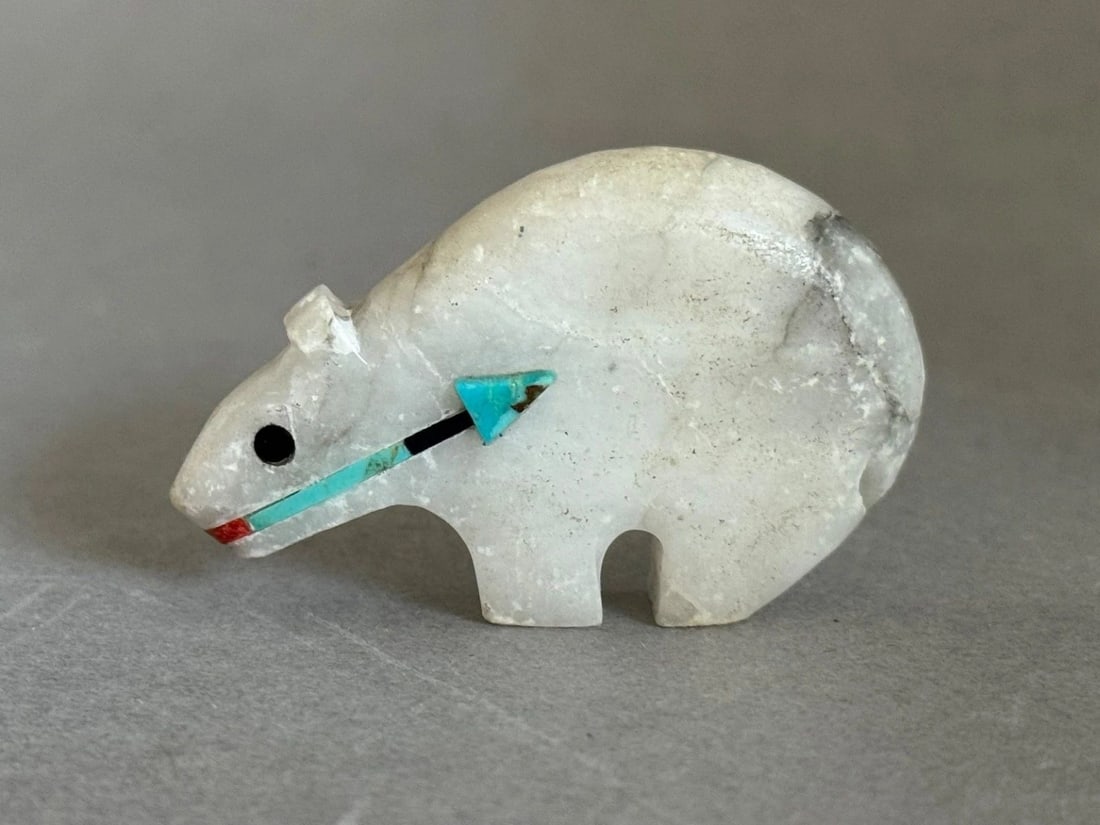 ALABASTER ZUNI BEAR FETISH WITH TURQUOISE JET AND CORAL HEARTLINE (1 of 2)