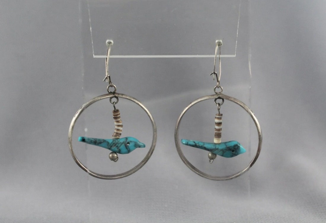 VINTAGE ZUNI SILVER AND TURQUOISE FETISH BIRD EARRINGS: VINTAGE ZUNI SILVER AND TURQUOISE FETISH BIRD EARRINGS Item Description: 2” length From top of wire to bottom .. P