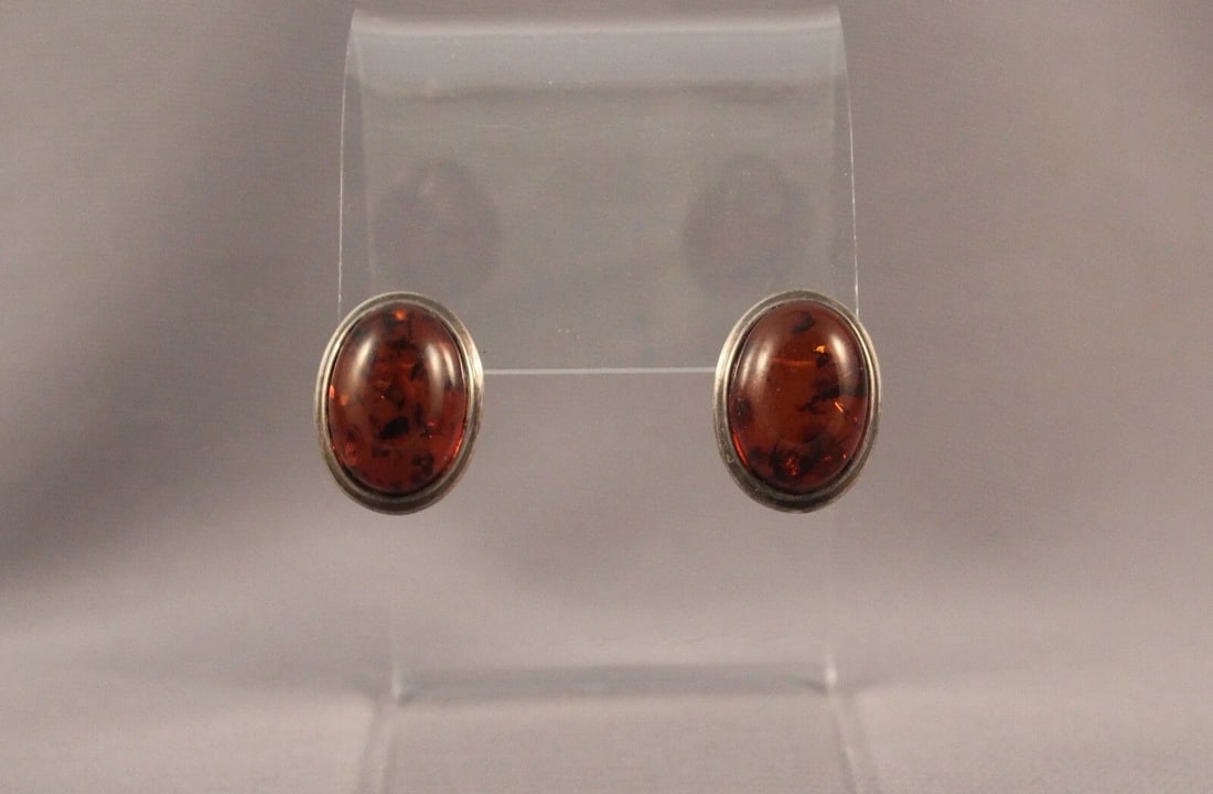 VINTAGE STERLING SILVER OVAL EARRINGS - AMBER - 1?? OVALS (1 of 2)