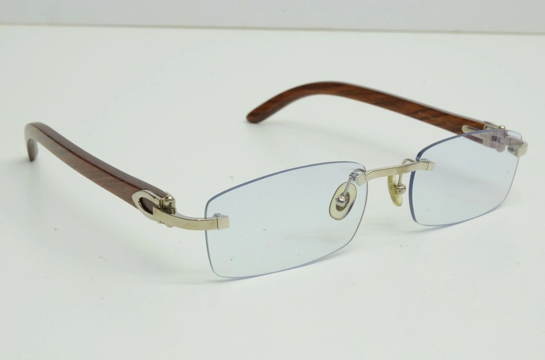 AUTHENTIC CARTIER EYEGLASSES RIMLESS 53 18 135B BUBINGA WOOD RECTANGLE SILVER: AUTHENTIC CARTIER EYEGLASSES RIMLESS 53 18 135B BUBINGA WOOD RECTANGLE SILVER Authentic Cartier Eyeglasses Rimless 53 18 135b Bubinga Wood Rectangle Silver AUTHENTIC CARTIER EYEGLASSES RIMLESS 53 18 1