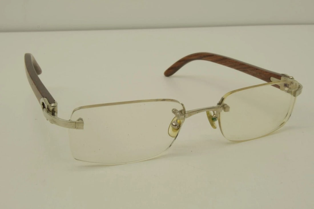 AUTHENTIC CARTIER EYEGLASSES RIMLESS 53 19 140B BUBINGA WOOD RECTANGLE SILVER (1 of 2)