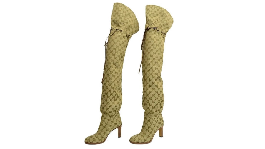 AUTHENTIC GUCCI KNEE HIGH BOOTS WOMENS 523513 KY9V0 9770 TAN CANVAS GUCCISSIMA (1 of 2)