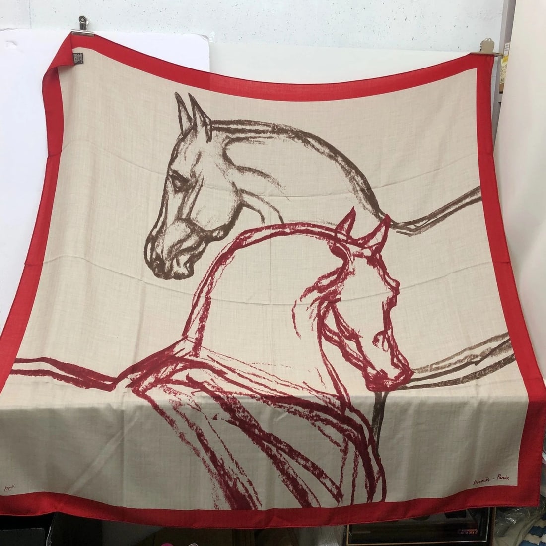 AUTHENTIC HERMES CASHMERE SHAWL 140CM TWO HORSE STENCIL RED BROWN SCARF: AUTHENTIC HERMES CASHMERE SHAWL 140CM TWO HORSE STENCIL RED BROWN SCARF AUTHENTIC HERMES CASHMERE SHAWL 140CM TWO HORSE STENCIL RED BROWN SCARF