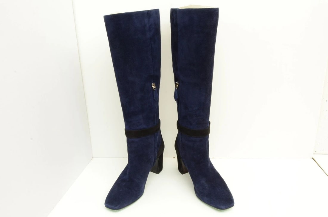 AUTHENTIC HERMES SUEDE BOOTS LONG NAVY ZIP BLACK BELT BUCKLE SHOES BLOCK HEELS: AUTHENTIC HERMES SUEDE BOOTS LONG NAVY ZIP BLACK BELT BUCKLE SHOES BLOCK HEELS Authentic Hermes Suede Boots Long Navy Zip Black Belt Buckle Shoes Block Heels Authentic Hermes Suede Boots Long Navy Zip