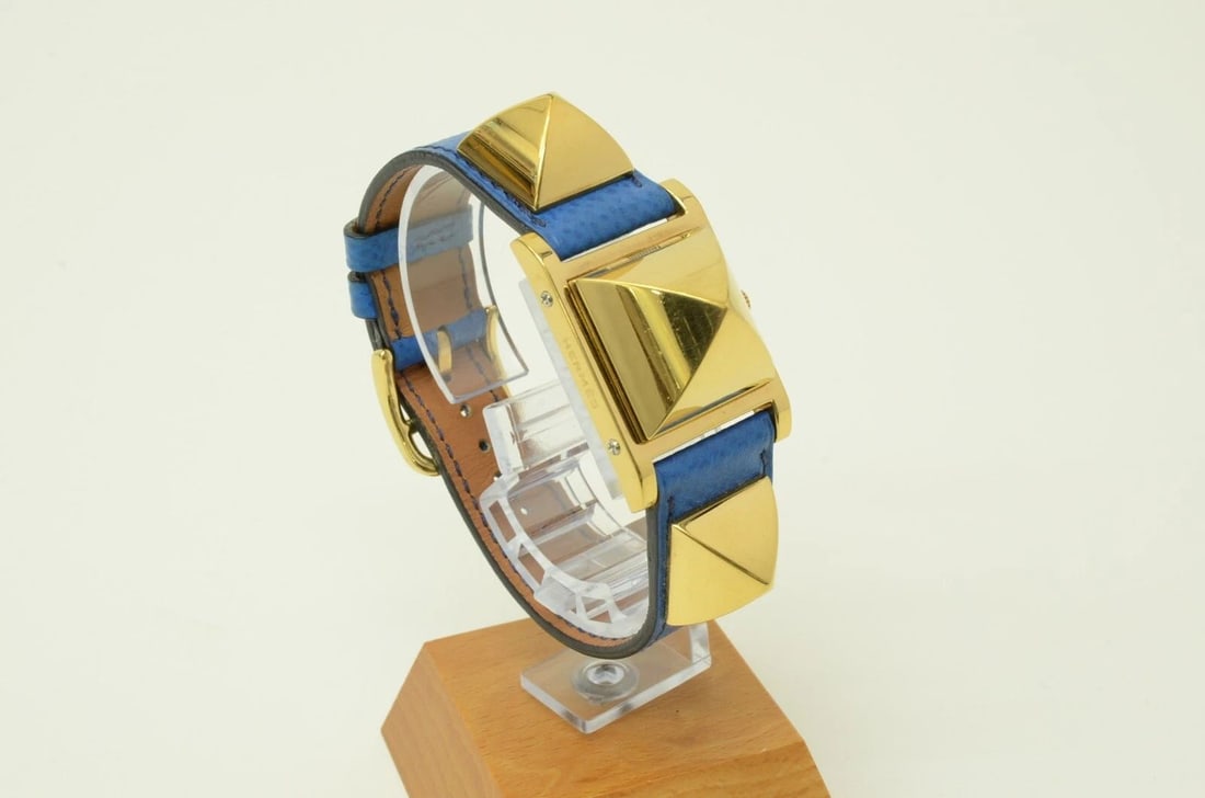 AUTHENTIC HERMES MEDOR SECRET 22MM WATCH VINTAGE BLUE LEATHER GP PYRAMID COVERED: AUTHENTIC HERMES MEDOR SECRET 22MM WATCH VINTAGE BLUE LEATHER GP PYRAMID COVERED Authentic Hermes Medor Secret 22mm Watch Vintage Blue Leather GP Pyramid Covered Authentic Hermes Medor Secret 22mm Wat