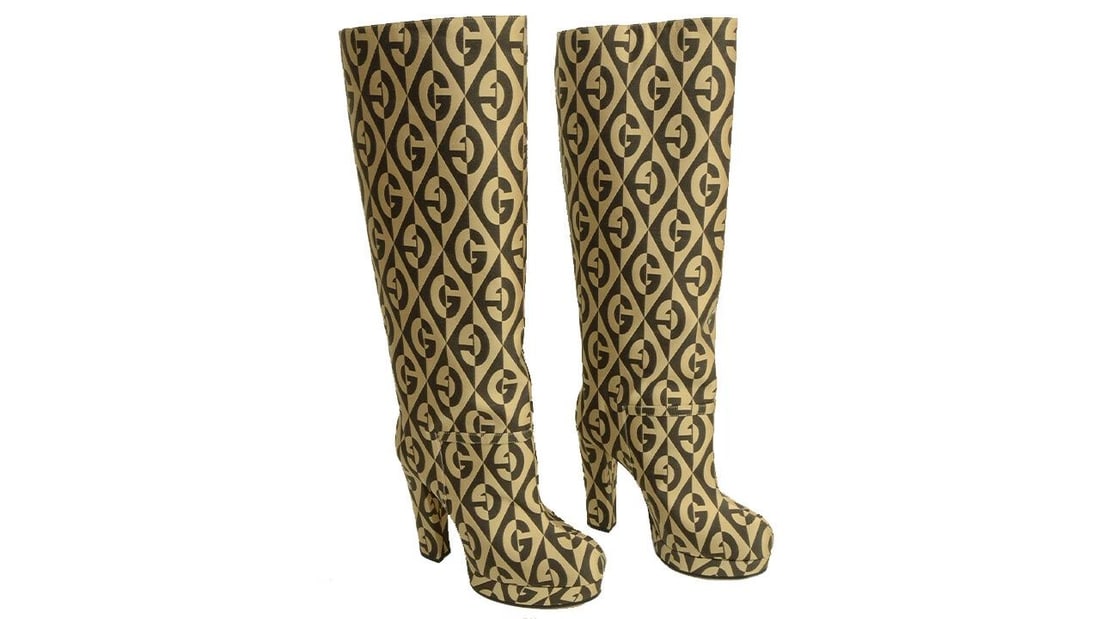 AUTHENTIC GUCCI LONG BOOTS WOMENS 595628 HSV00 2062 BEIGE COCOA DIAMOND B FACE G (1 of 2)