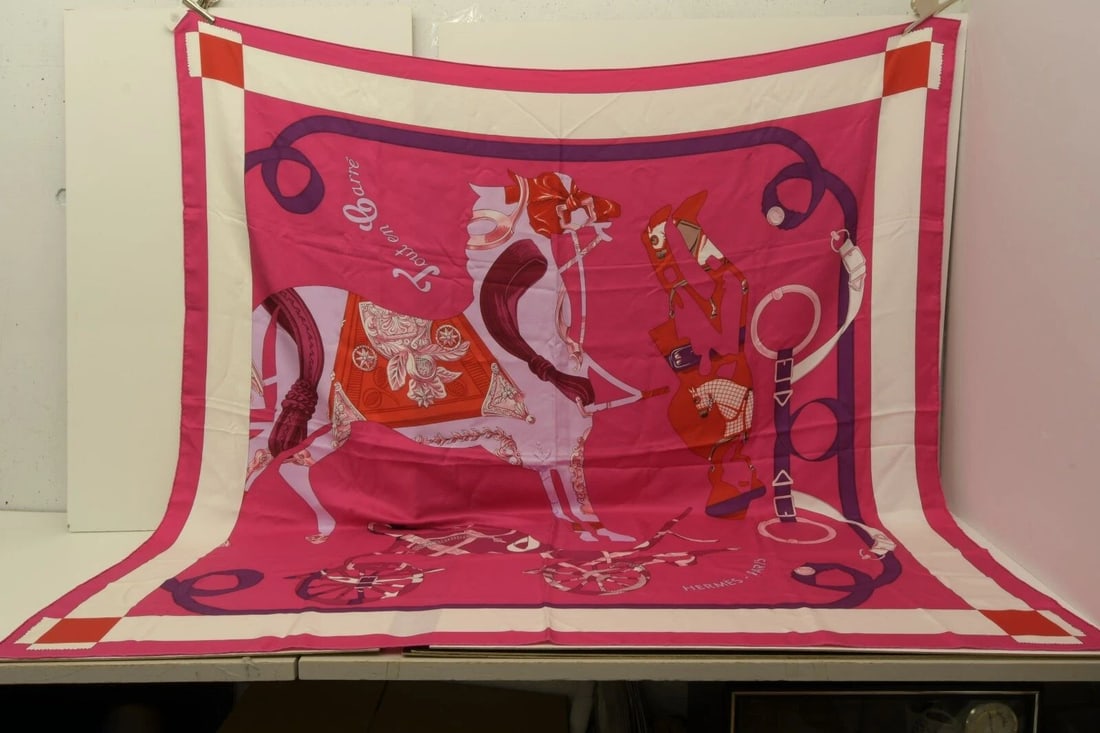 AUTHENTIC HERMES SILK SHAWL PINK TOUT EN CARRE EQUESTRIAN 140CM BARRET SCARF: AUTHENTIC HERMES SILK SHAWL PINK TOUT EN CARRE EQUESTRIAN 140CM BARRET SCARF Authentic Hermes Silk Shawl Pink Tout en Carre Equestrian 140cm Barret Scarf AUTHENTIC HERMES SILK SHAWL PINK TOUT EN CARRE