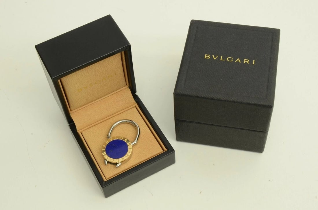 AUTHENTIC BVLGARI LAPIS LAZULI 18K GOLD KEYCHAIN VINTAGE LOGO CHARM ACCESSORY (1 of 2)