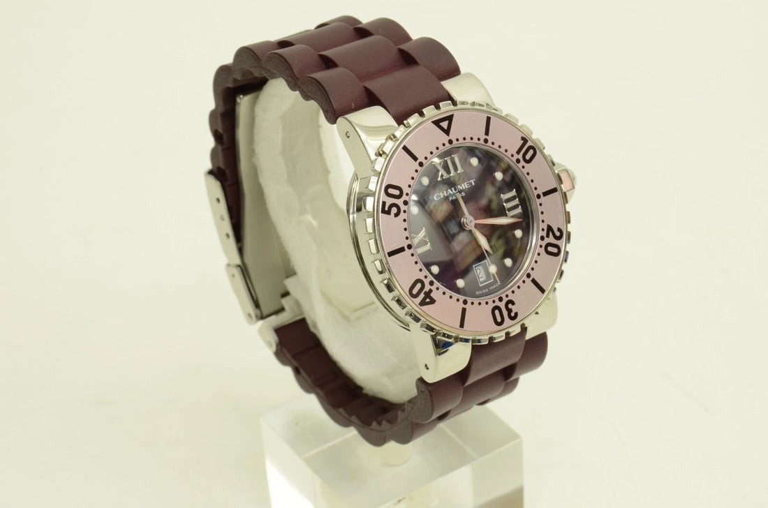 AUTHENTIC CHAUMET WATCH 32MM SS CLIP ROMAN NUMERAL QUARTZ MAROON PLUM WRISTWATCH (1 of 2)