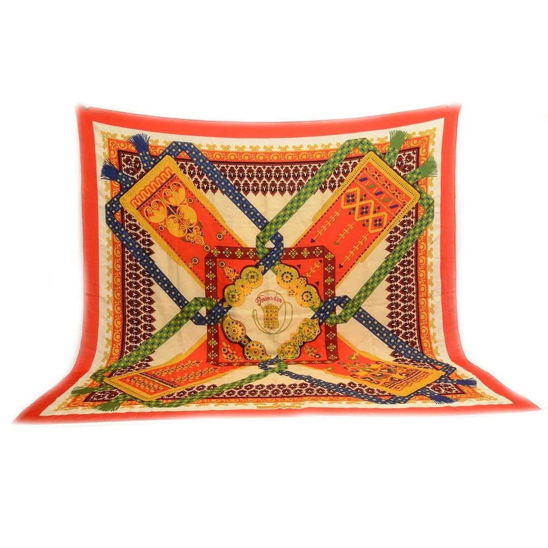 AUTHENTIC HERMES CASHMERE SHAWL BRINS D'OR RED ABADIE STRANDS 140CM SILK SCARF: AUTHENTIC HERMES CASHMERE SHAWL BRINS D'OR RED ABADIE STRANDS 140CM SILK SCARF Authentic Hermes Cashmere Shawl Brins d'Or Red Abadie Strands 140cm Silk Scarf AUTHENTIC HERMES CASHMERE SHAWL BRINS D'OR