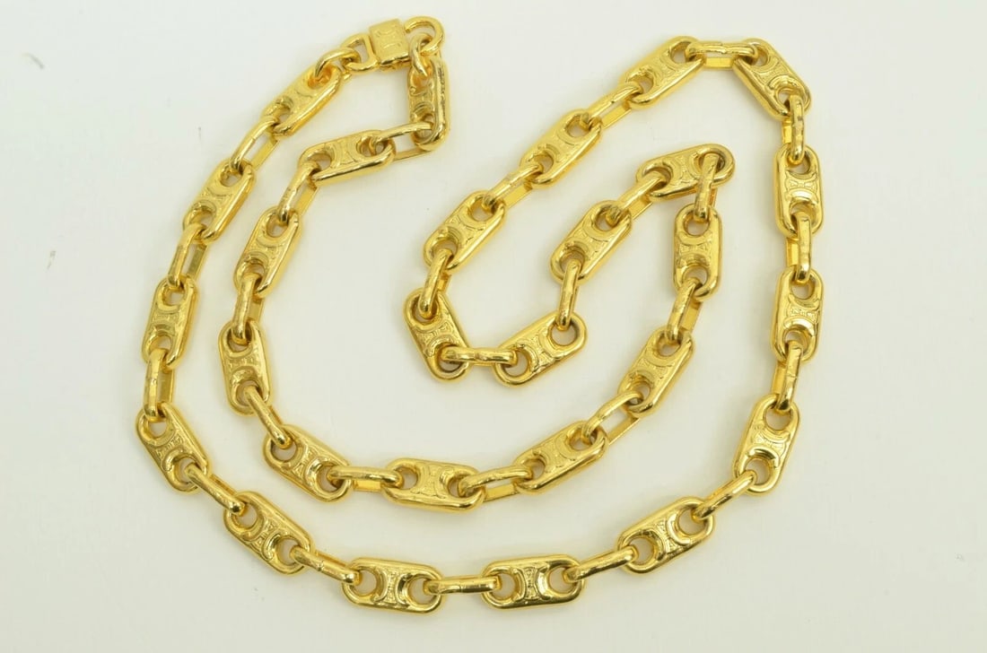 AUTHENTIC CELINE LOGO LINK CHAIN NECKLACE GP EMBLEM VINTAGE SIGNATURE JEWELRY: AUTHENTIC CELINE LOGO LINK CHAIN NECKLACE GP EMBLEM VINTAGE SIGNATURE JEWELRY Authentic Celine Logo Link Chain Necklace GP Emblem Vintage Signature Jewelry AUTHENTIC CELINE LOGO LINK CHAIN NECKLACE GP