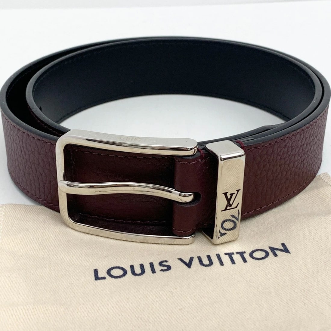 AUTHENTIC LOUIS VUITTON LEATHER BELT LV LOGO SILVER SP BUCKLE CLOTHING ACCESSORY (1 of 2)