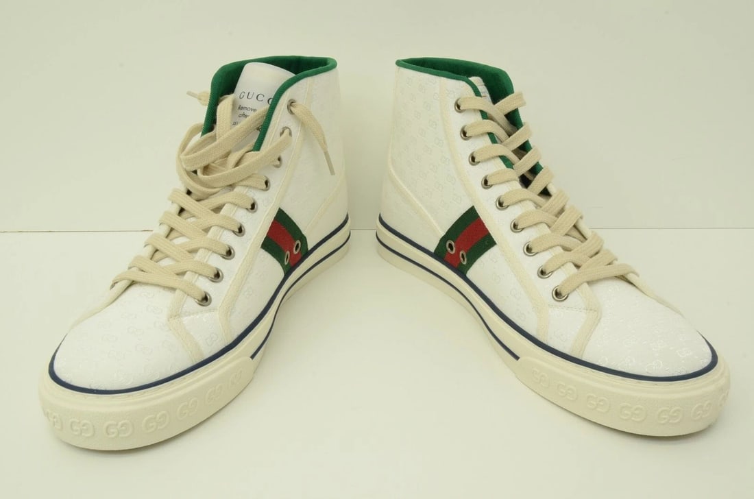 AUTHENTIC GUCCI HIGH TOP TENNIS 1977 SHOES WEB STRIPE SNEAKERS MEN GG WHITE LOGO (1 of 2)