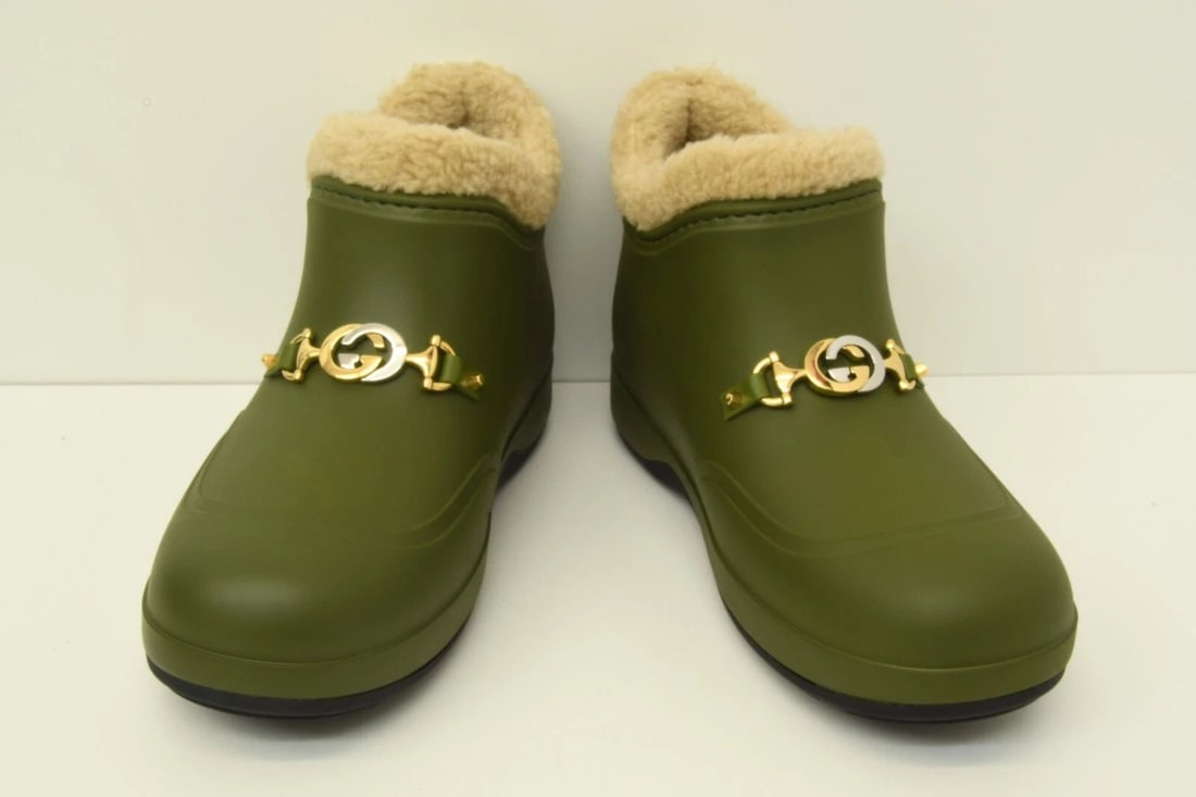 AUTHENTIC GUCCI GREEN RUBBER SHORT BOOTS SIZE 7 UNISEX SHEARLING HORESEBIT SHOES: AUTHENTIC GUCCI GREEN RUBBER SHORT BOOTS SIZE 7 UNISEX SHEARLING HORESEBIT SHOES Authentic Gucci Green Rubber Short Boots Size 7 Unisex Shearling Horesebit Shoes Authentic Gucci Green Rubber Short Boo