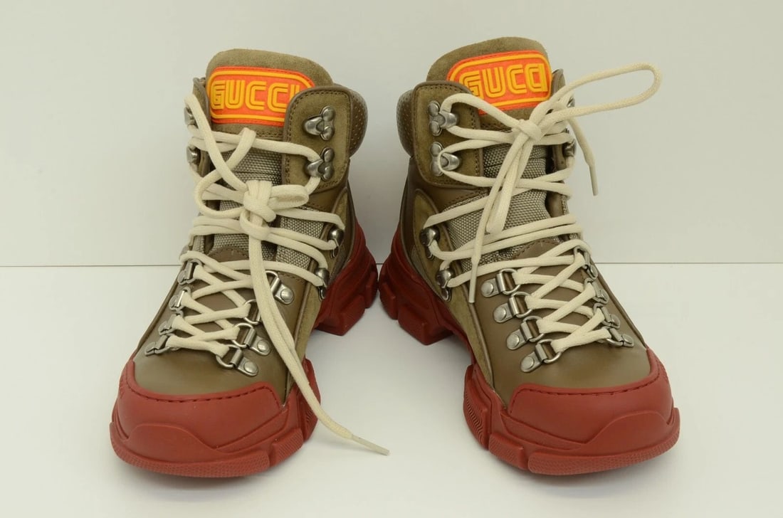 AUTHENTIC GUCCI RED RUBBER BOOTS BROWN LEATHER 34.5 WOMENS SHOES LOGO 522989 13E (1 of 2)