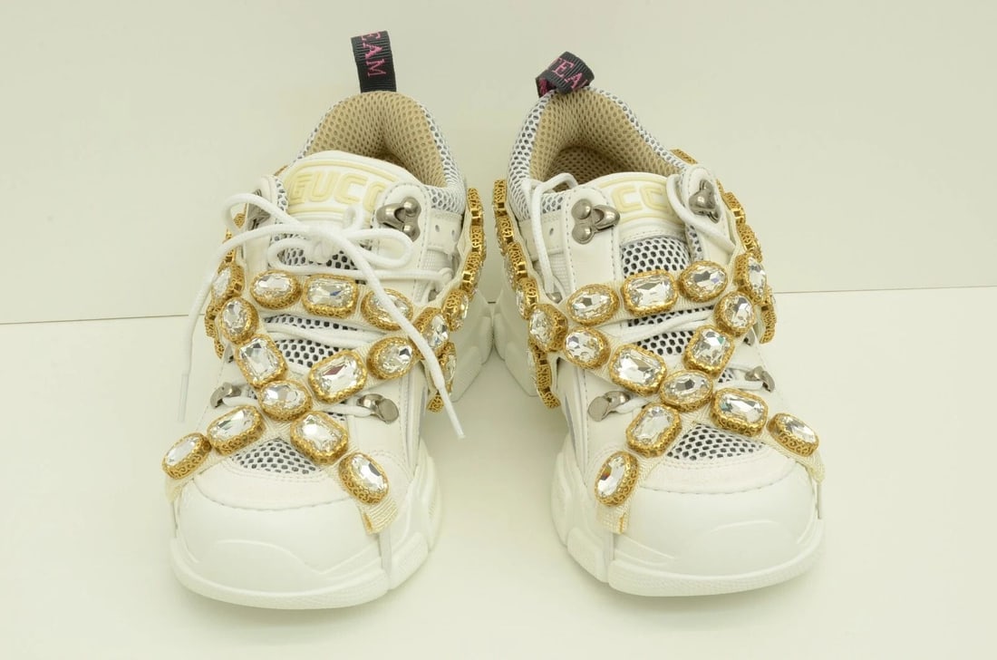 AUTHENTIC GUCCI SEGA FLASHTREK LADIES WHITE SNEAKERS STRETCH FAUX CRYSTAL SHOES (1 of 2)