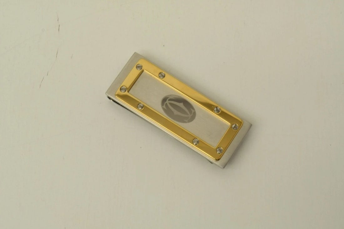AUTHENTIC CARTIER DECOR LOGO MONEY CLIP GOLD BORDER VINTAGE SP SILVER ACCESSORY: AUTHENTIC CARTIER DECOR LOGO MONEY CLIP GOLD BORDER VINTAGE SP SILVER ACCESSORY Authentic Cartier Decor Logo Money Clip Gold Border Vintage SP Silver Accessory Authentic Cartier Decor Logo Money Clip 