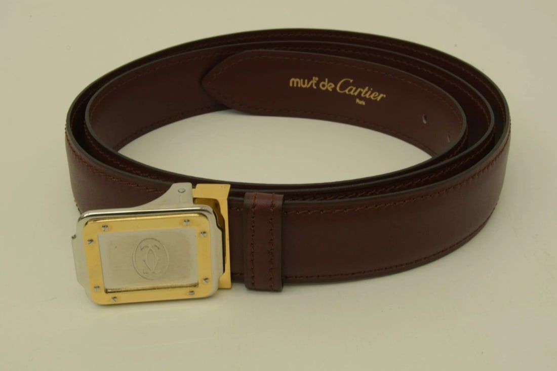 AUTHENTIC MUST DE CARTIER LEATHER BELT GALBEE STYLE SP GP LOGO BUCKLE BURGUNDY: AUTHENTIC MUST DE CARTIER LEATHER BELT GALBEE STYLE SP GP LOGO BUCKLE BURGUNDY Authentic Must de Cartier Leather Belt Galbee Style SP GP Logo Buckle Burgundy AUTHENTIC MUST DE CARTIER LEATHER BELT GAL