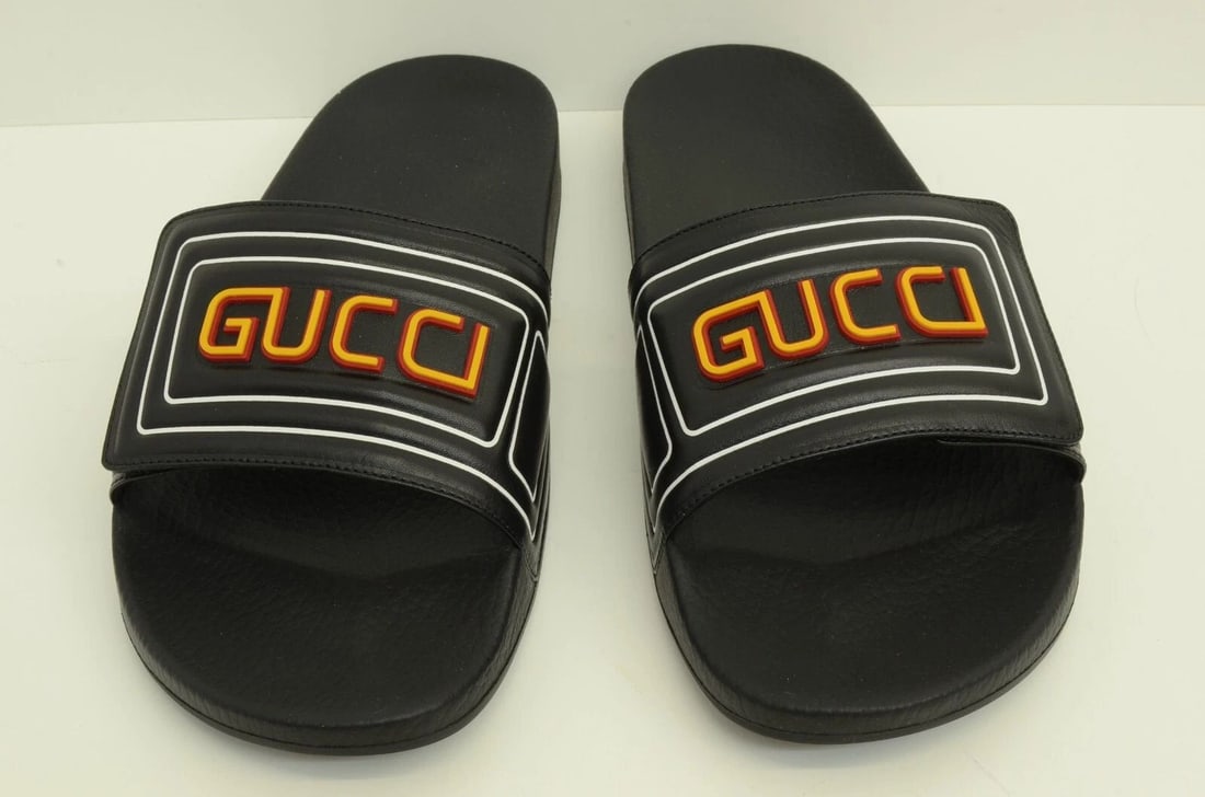 AUTHENTIC GUCCI FLIP FLOPS BLACK LETTER LOGO SANDALS SHOES 575072 DIR00 1000 (1 of 2)