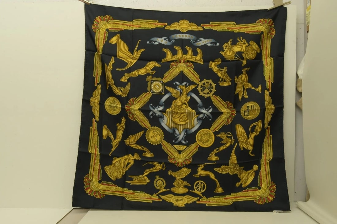AUTHENTIC HERMES SCARF VINTAGE LES PARURES DU VENT BLACK 90CM METZ SILK: AUTHENTIC HERMES SCARF VINTAGE LES PARURES DU VENT BLACK 90CM METZ SILK Les Parures Du Vent The Adorments of Wind Joachim Metz Manufactured: France Height: 90cm (35.4 inch) Width: 90cm (35.4 inch) 100