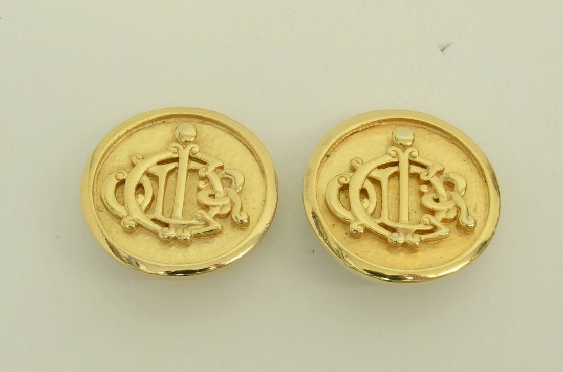 AUTHENTIC CHRISTIAN DIOR CLIP ON EARRINGS INSIGNIA GP CLASSIC ROUND GOLD JEWELRY (1 of 2)