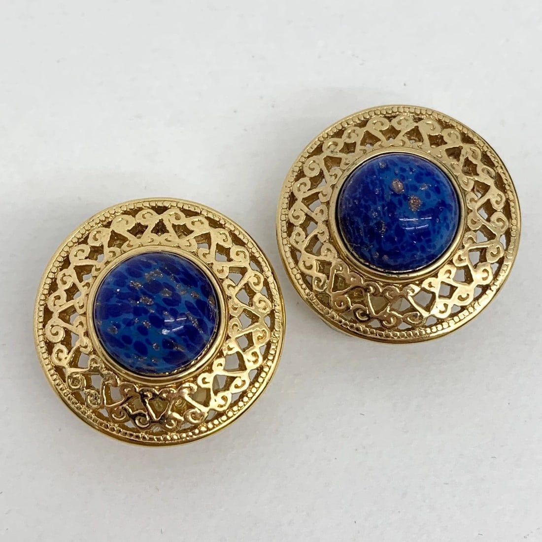 AUTHENTIC CHRISTIAN DIOR CLIP ON EARRINGS GP LAPIS LAZULI ROUND GOLD JEWELRY SET (1 of 2)