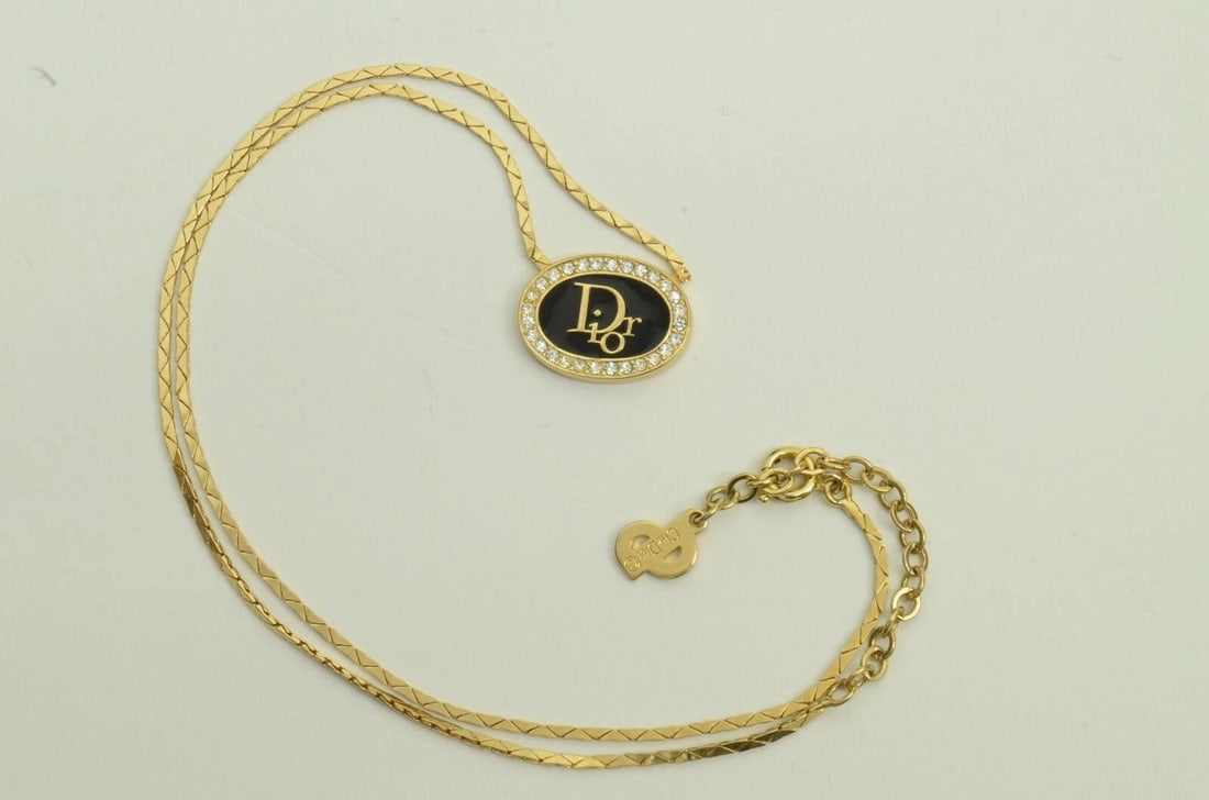 AUTHENTIC CHRISTIAN DIOR NECKLACE BLACK OVAL MONOGRAM LOGO GP RHINESTONE CHARM 1: AUTHENTIC CHRISTIAN DIOR NECKLACE BLACK OVAL MONOGRAM LOGO GP RHINESTONE CHARM 1 Authentic Christian Dior Necklace Black Oval Monogram Logo GP Rhinestone Charm 1 AUTHENTIC CHRISTIAN DIOR NECKLACE BLAC