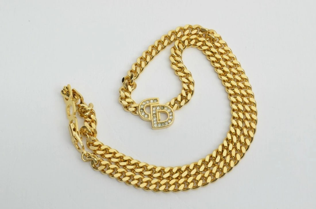 AUTHENTIC CHRISTIAN DIOR NECKLACE CD LOGO THICK CHAIN GP RHINESTONE CHARM CHAIN (1 of 2)