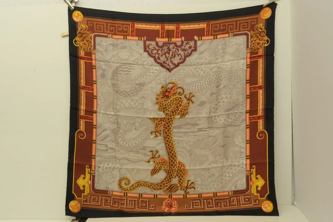 AUTHENTIC CARTIER 100% SILK SCARF BROWN GRAY BLACK 90CM MEANDER DRAGON WRAP (1 of 2)