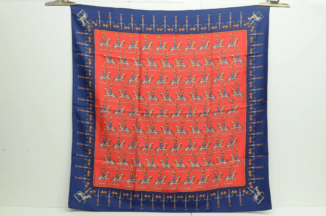 AUTHENTIC HERMES LES ARTIFICIERS VINTAGE SCARF 90CM SILK DUCHENE RED BLUE HORSE: AUTHENTIC HERMES LES ARTIFICIERS VINTAGE SCARF 90CM SILK DUCHENE RED BLUE HORSE Authentic Hermes Les Artificiers Vintage Scarf 90cm Silk Duchene Red Blue Horse Authentic Hermes Les Artificiers Vintage