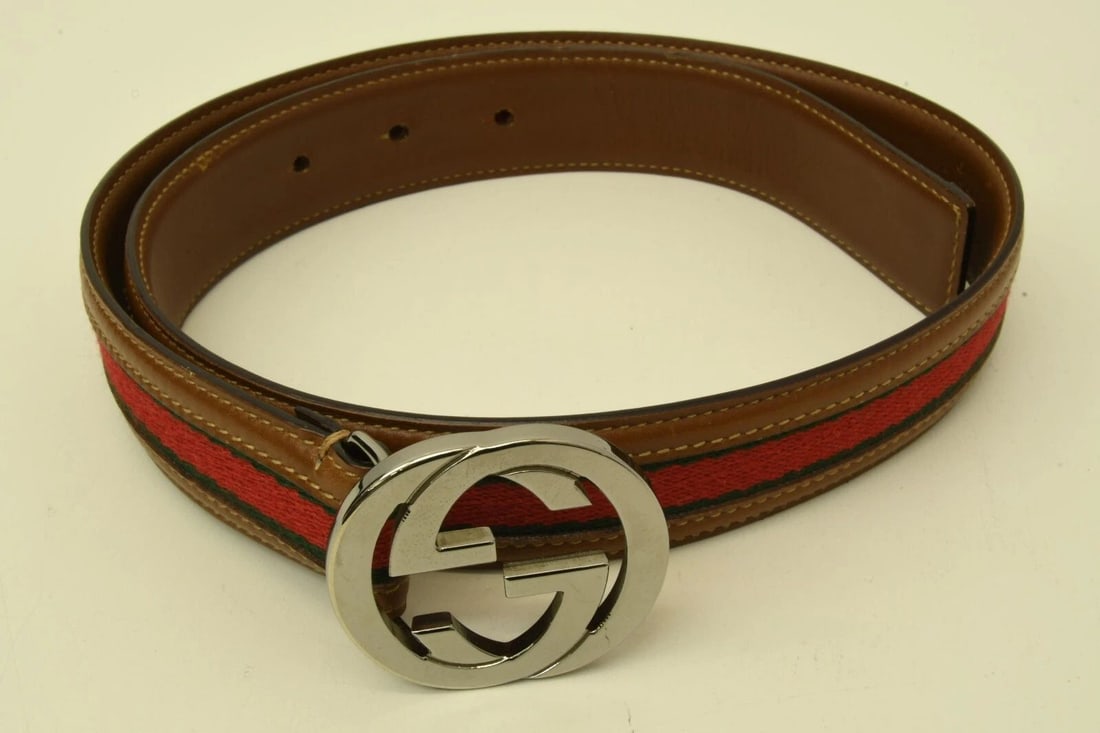 AUTHENTIC GUCCI DOUBLE G BUCKLE BELT WEB STRIPE BROWN LEATHER SP LOGO ACCESSORY: AUTHENTIC GUCCI DOUBLE G BUCKLE BELT WEB STRIPE BROWN LEATHER SP LOGO ACCESSORY Authentic Gucci Double G Buckle Belt Web Stripe Brown Leather SP Logo Accessory Authentic Gucci Double G Buckle Belt Web