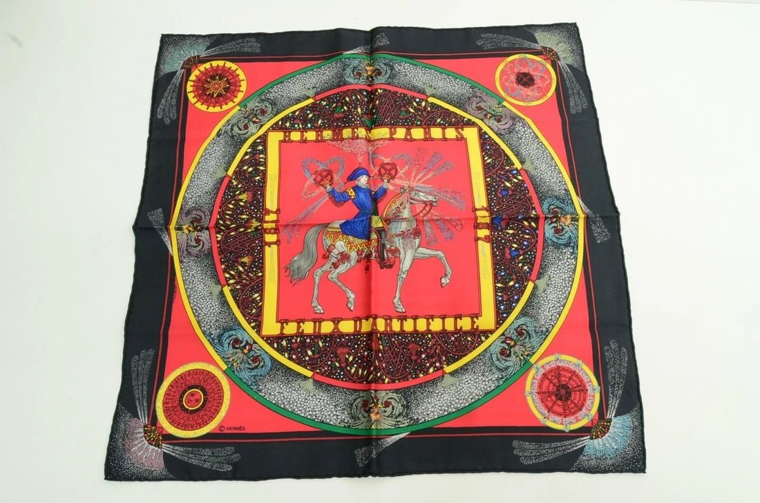 AUTHENTIC HERMES 100% SILK SCARF FEUX D'ARTIFICE BLACK RED DUCHENE VINTAGE 42CM: AUTHENTIC HERMES 100% SILK SCARF FEUX D'ARTIFICE BLACK RED DUCHENE VINTAGE 42CM Authentic Hermes 100% Silk Scarf Feux d'Artifice Black Red Duchene Vintage 42cm AUTHENTIC HERMES 100% SILK SCARF FEUX D'