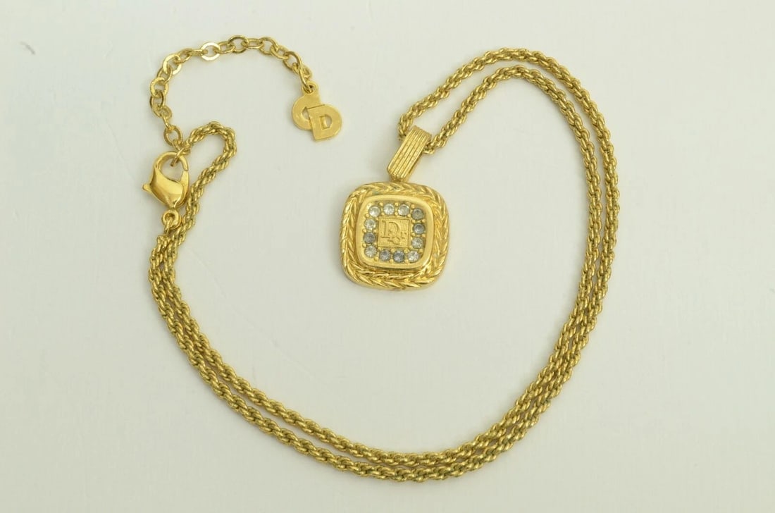 AUTHENTIC CHRISTIAN DIOR NECKLACE SQUARE SIGNATURE GP RHINESTONE CHARM JEWELRY: AUTHENTIC CHRISTIAN DIOR NECKLACE SQUARE SIGNATURE GP RHINESTONE CHARM JEWELRY Authentic Christian Dior Necklace Square Signature GP Rhinestone Charm Jewelry AUTHENTIC CHRISTIAN DIOR NECKLACE SQUARE S