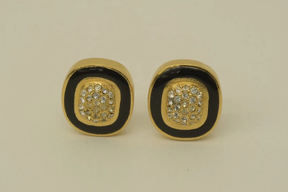 AUTHENTIC CHRISTIAN DIOR GP CLIP EARRINGS BLACK STRIPE SQUARE RHINESTONE JEWELRY (1 of 2)
