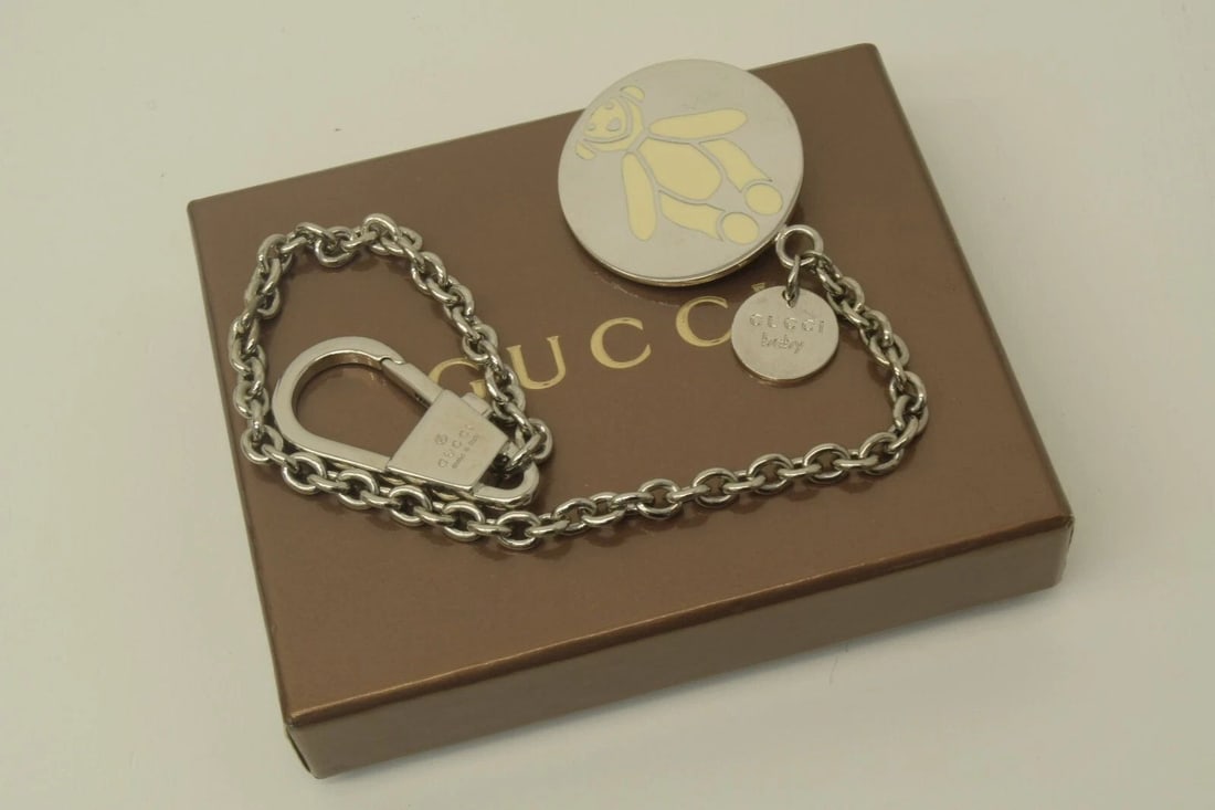 AUTHENTIC GUCCI BABY WHITE BEAR EMBLEM ROUND BAG CHARM KEYCHAIN ACCESSORY SILVER: AUTHENTIC GUCCI BABY WHITE BEAR EMBLEM ROUND BAG CHARM KEYCHAIN ACCESSORY SILVER Authentic Gucci Baby White Bear Emblem Round Bag Charm Keychain Accessory Silver Authentic Gucci Baby White Bear Emblem
