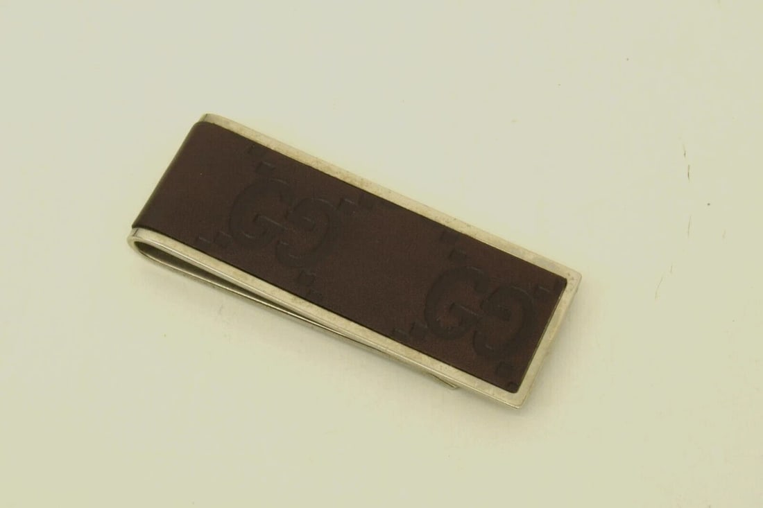 AUTHENTIC GUCCI LEATHER LOGO BROWN GUCCISSIMA MONEY CLIP SILVER PLATED ACCESSORY: AUTHENTIC GUCCI LEATHER LOGO BROWN GUCCISSIMA MONEY CLIP SILVER PLATED ACCESSORY Authentic Gucci Leather Logo Brown Guccissima Money Clip Silver Plated Accessory Authentic Gucci Leather Logo Brown Guc