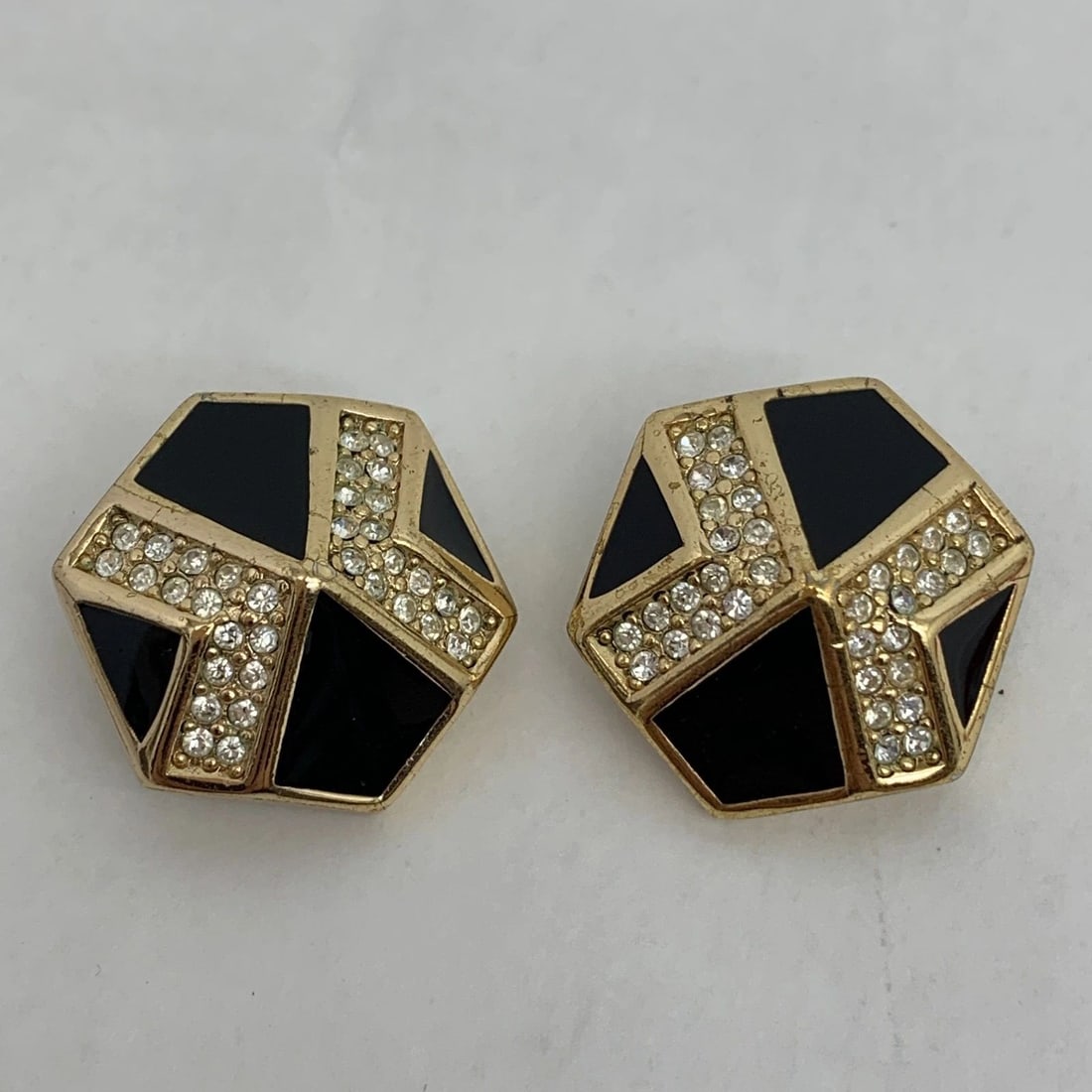 AUTHENTIC CHRISTIAN DIOR CLIP ON EARRINGS GP ENAMEL RHINESTONE HEXAGON JEWELRY (1 of 2)