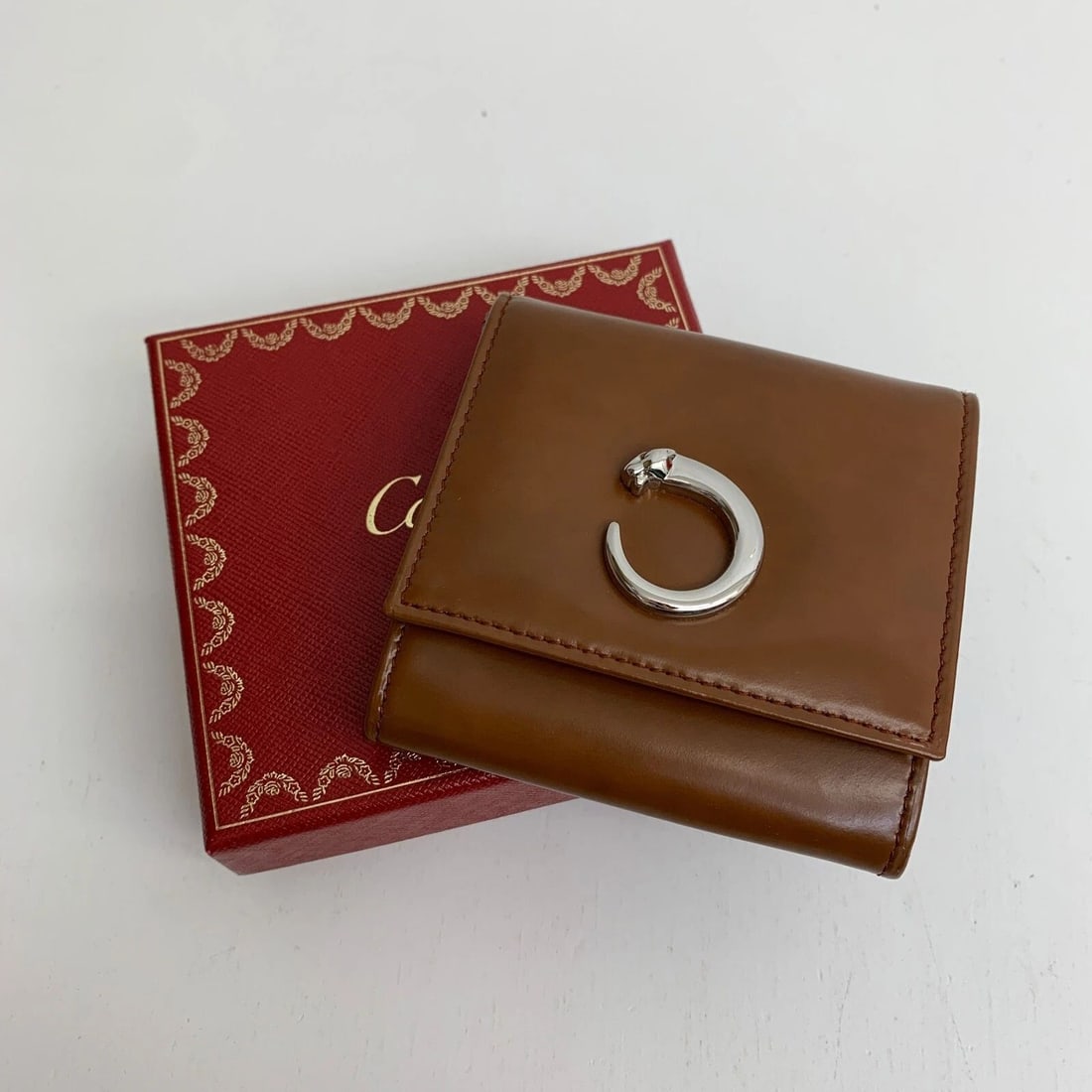 AUTHENTIC CARTIER PANTAIL LEATHER WALLET CLIP FOLD BROWN PANTHER SP COIN POUCH (1 of 2)