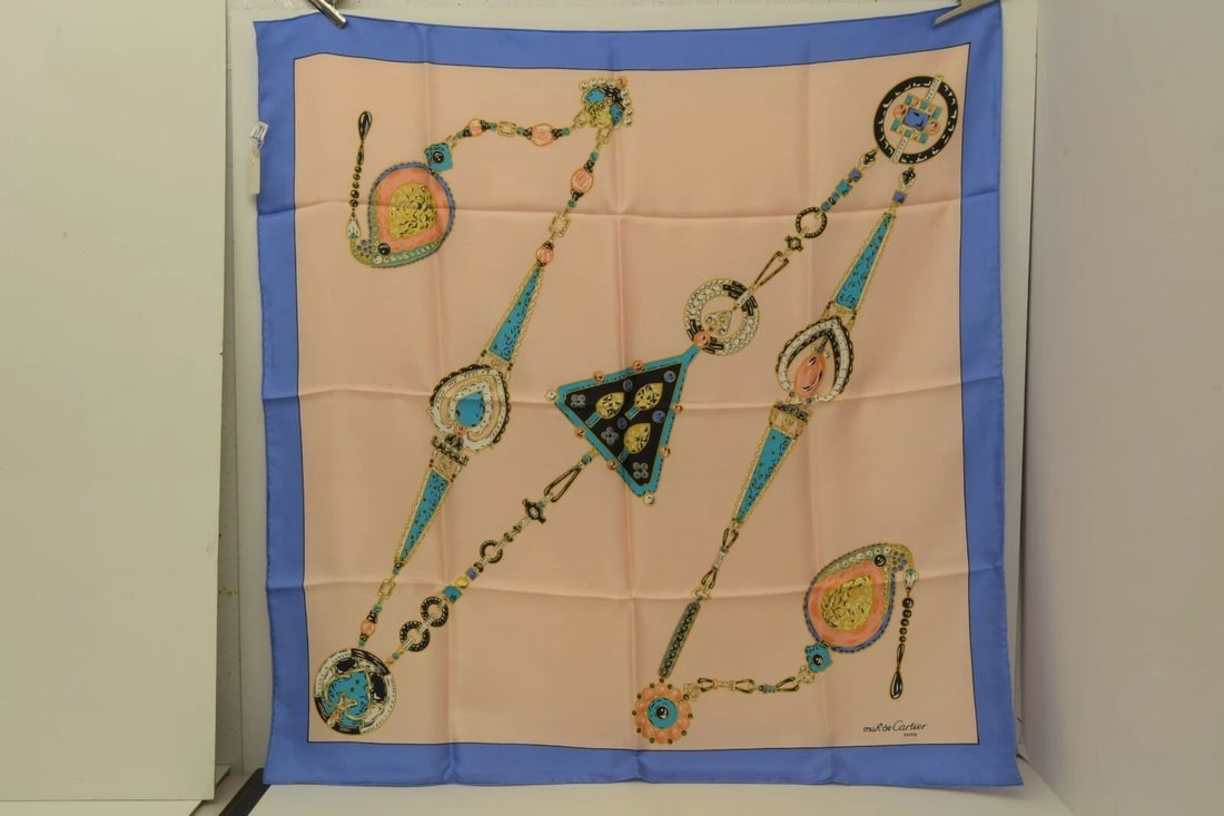 AUTHENTIC MUST DE CARTIER 100% SILK SCARF PINK BLUE 90CM JEWELRY DESIGN WRAP (1 of 2)
