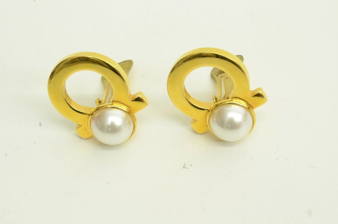 AUTHENTIC FERRAGAMO GANCINI FAUX PEARL CLIP ON EARRINGS GOLD PLATED GP JEWELRY 2: AUTHENTIC FERRAGAMO GANCINI FAUX PEARL CLIP ON EARRINGS GOLD PLATED GP JEWELRY 2 Authentic Ferragamo Gancini Faux Pearl Clip On Earrings Gold Plated GP Jewelry 2 AUTHENTIC FERRAGAMO GANCINI FAUX PEARL