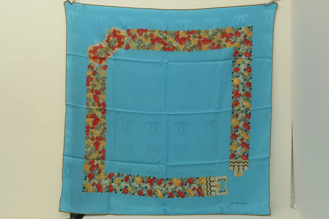 AUTHENTIC MUST CARTIER 100% SILK SCARF BLUE FLORAL JEWELRY BELT 90CM EMBROIDERED: AUTHENTIC MUST CARTIER 100% SILK SCARF BLUE FLORAL JEWELRY BELT 90CM EMBROIDERED Authentic Must Cartier 100% Silk Scarf Blue Floral Jewelry Belt 90cm Embroidered AUTHENTIC MUST CARTIER 100% SILK SCARF