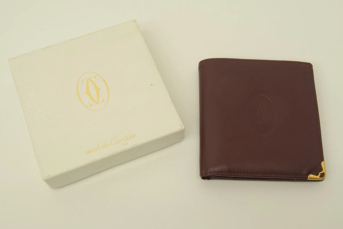 AUTHENTIC CARTIER VINTAGE LEATHER BIFOLD WALLET COIN CASE BURGUNDY DECOR LOGO (1 of 2)