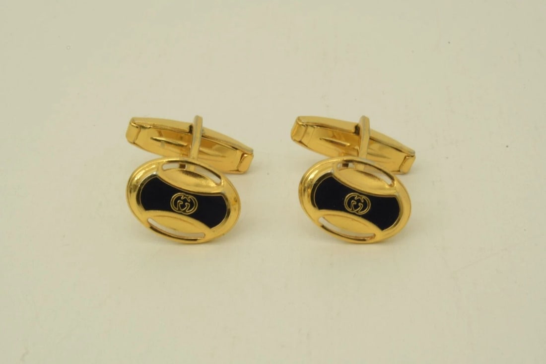 AUTHENTIC GUCCI CUFFLINKS GOLD PLATED BLACK LOGO GG CLASSIC FASHION ACCESSORIES (1 of 2)