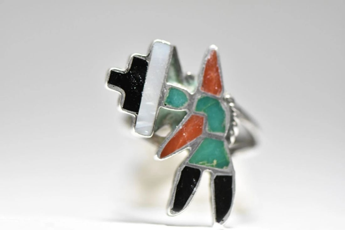 KACHINA RING ZUNI TRIBAL SOUTHWEST STERLING SILVER PINKY WOMEN SIZE 4.75: KACHINA RING ZUNI TRIBAL SOUTHWEST STERLING SILVER PINKY WOMEN SIZE 4.75 Kachina ring Zuni tribal southwest sterling silver pinky women Onyx Coral Turquoise MOP Size 4.75 Weight 3.8g Widest part of ba
