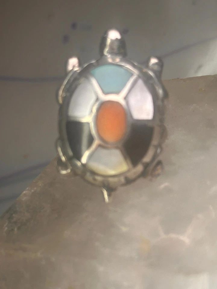 VINTAGE TURTLE RING SIZE 4.25 NAVAJO STERLING SILVER TURQUOISE MOP CORAL ONYX (1 of 1)